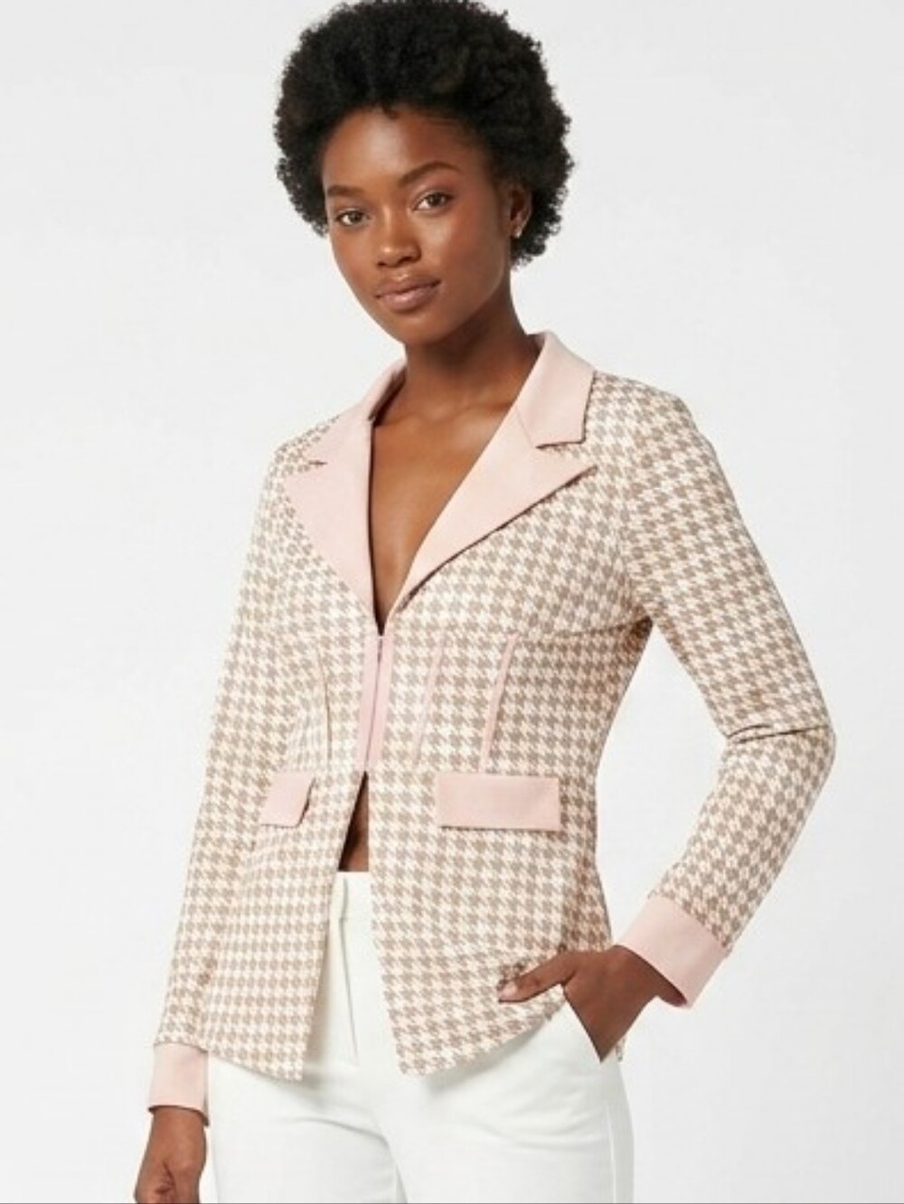 Pink Houndstooth Knit Blazer Jacket